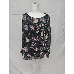 Vince Camuto layered  chic retro Floral Ruffle Trim Long Sleeve Chiffon Top SZ M